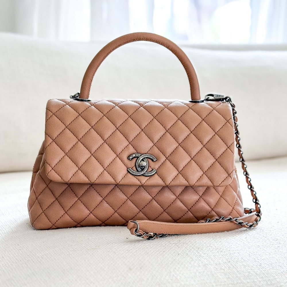 CHANEL COCO Handle Small Quilted Caviar Bag beige
